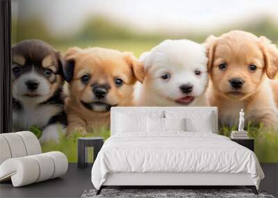 A group of four puppies are laying in the grass together, AI Wall mural