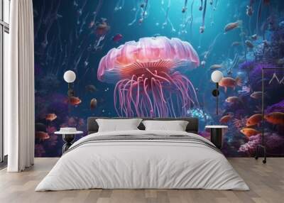 A group of jellyfish swimming in an aquarium. Generative AI image. Wall mural