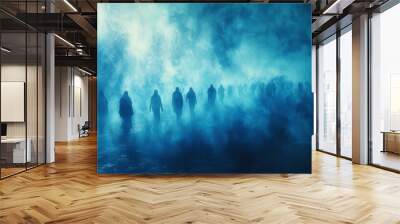 A group of people walking in the fog with their backs to us, AI Wall mural