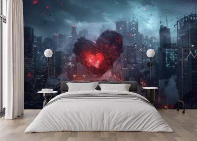 A heart shaped object in the middle of a city with red lights, AI Wall mural