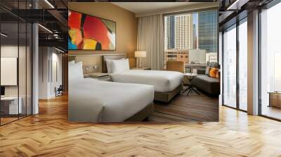 A hotel room with two beds, a large window and painting, AI Wall mural