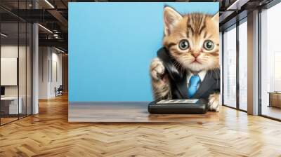 A kitten dressed in a suit and tie talking on the phone, AI Wall mural