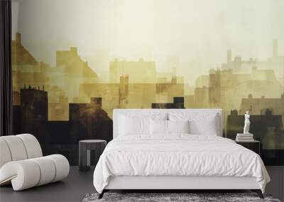 A large cityscape with a yellow sky and buildings, AI Wall mural