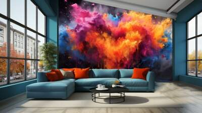 A large heart shaped cloud of colored powder is being thrown, AI Wall mural