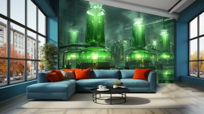 A large room with many green glass bottles and pipes, AI Wall mural