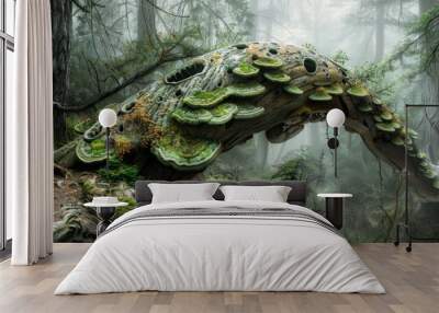 A large tree with moss growing on it in a forest, AI Wall mural