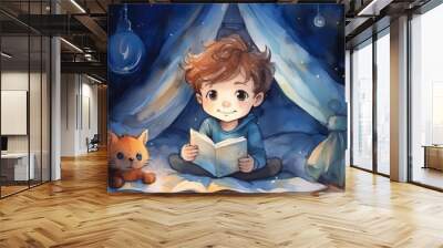 A little boy reading a book in a tent with a cat, AI Wall mural