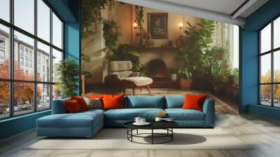 A living room with a fireplace and lots of plants, AI Wall mural