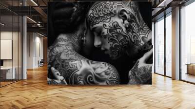 A man and a woman with tattoos on their faces. Generative AI image. Wall mural