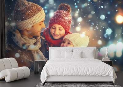 A man and two children are smiling in the snow, AI Wall mural