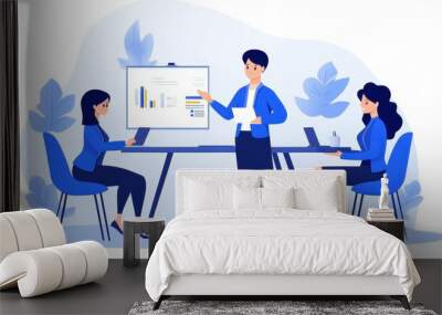 A man and two women are sitting at a table with charts, AI Wall mural