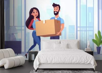 A man and woman are holding a box in an apartment, AI Wall mural