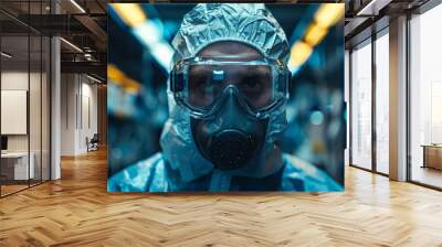 A man in a gas mask and protective suit with goggles, AI Wall mural