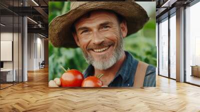 A man in a straw hat holding two tomatoes and smiling, AI Wall mural