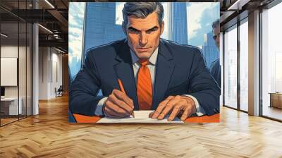 A man in a suit and tie sitting at his desk writing, AI Wall mural