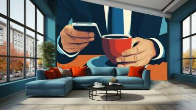 A man in a suit holding his phone and coffee cup, AI Wall mural