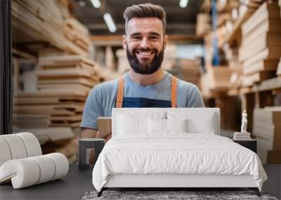 A man in a warehouse holding up an tablet computer, AI Wall mural