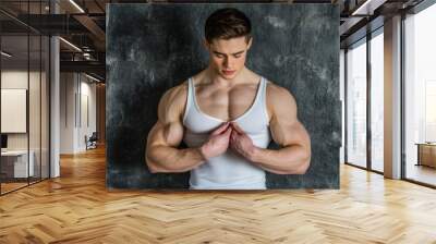 A man in white tank top with hands on chest, AI Wall mural