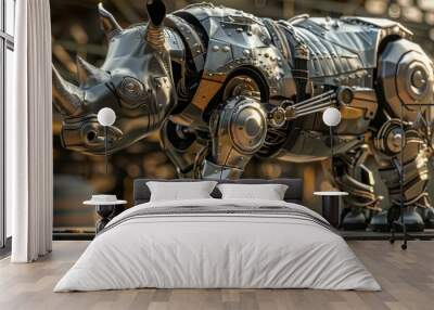 A metal rhino statue on a table with other objects, AI Wall mural