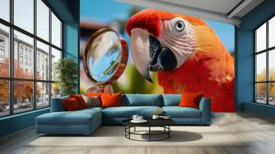 A parrot holding a magnifying glass in its beak, AI Wall mural