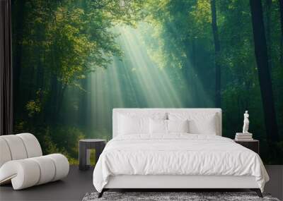 A path through a forest with sunlight shining down on it, AI Wall mural