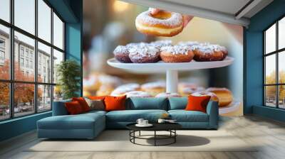 A person holding a donut on top of two cake trays, AI Wall mural