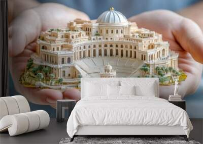 A person holding a model of the antic city in their hands, AI Wall mural