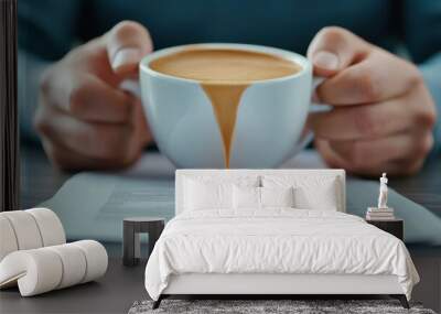 A person pouring liquid into a cup of coffee on top of paper, AI Wall mural