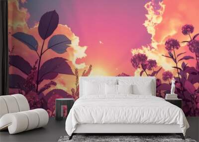 A picture of a sunset with pink clouds and purple flowers, AI Wall mural