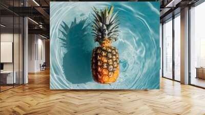 A pineapple is floating in a pool of water with blue sky, AI Wall mural