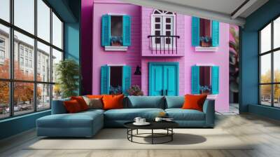 A pink and blue doll house with blue shutters. Generative AI image. Wall mural