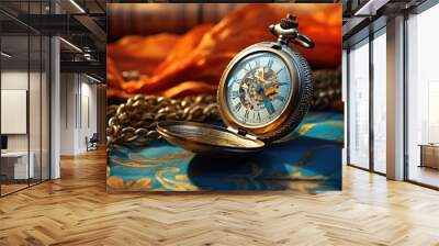 A pocket watch on a chain with books and chains, AI Wall mural