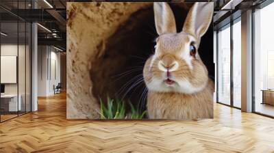 A rabbit is sitting in a hole with its mouth open, AI Wall mural