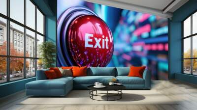 A red button with a sign that says exit on it, AI Wall mural