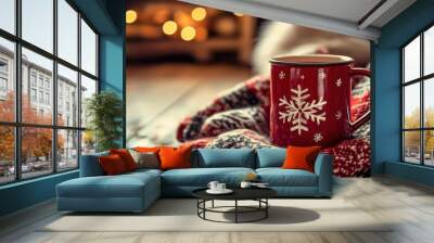 A red coffee cup sitting on a blanket with snowflakes, AI Wall mural