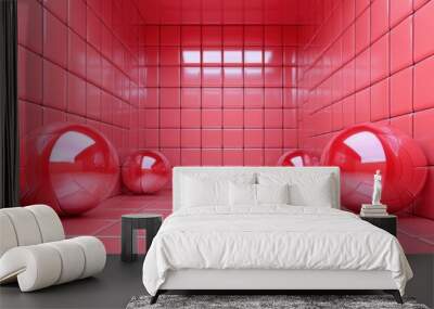 A red tiled floor with three shiny balls in it, AI Wall mural