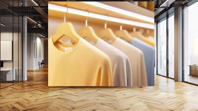 A row of clothes hanging on a rack with lights above, AI Wall mural