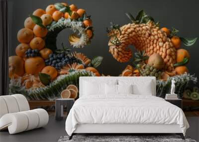 A sculpture of a wave made out of fruit and vegetables, AI Wall mural