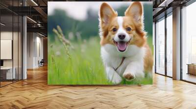 A small dog running through a field of tall grass, AI Wall mural