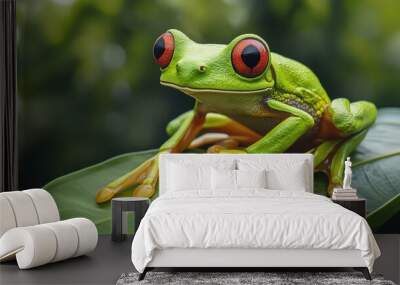 A small green frog sitting on top of a leaf with red eyes, AI Wall mural