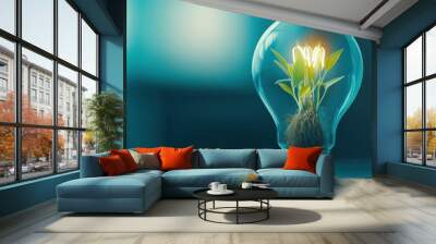 A small plant grows inside a light bulb, symbolizing innovation and sustainability, AI Wall mural