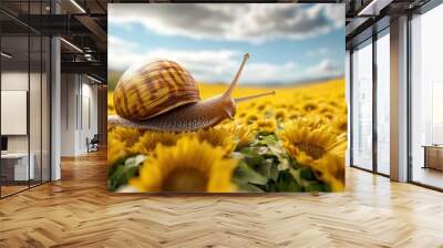 A snail is sitting on top of a field full of sunflowers, AI Wall mural