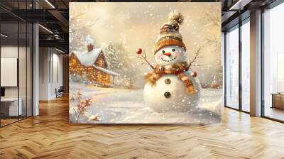 A snowman in a hat and scarf standing next to a house, AI Wall mural