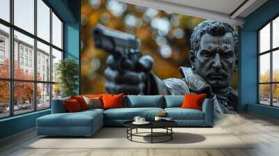 A statue of a man pointing his gun at the camera, AI Wall mural