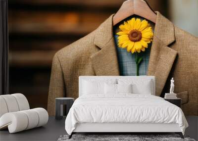 A sunflower peeks from the pocket of a brown tweed jacket on a wooden hanger, AI Wall mural