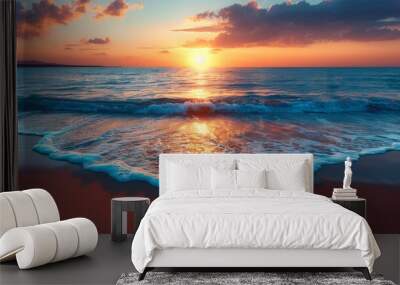 A sunset over the ocean with a wave breaking on shore, AI Wall mural