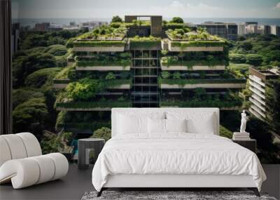 A tall building with a green roof on top of it. Generative AI image. Wall mural