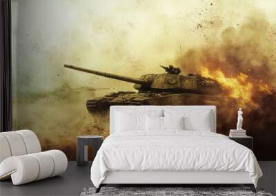 A tank is in a smokey environment with flames, AI Wall mural