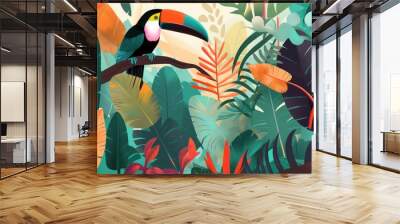 A toucan sitting on a branch in the jungle. AI generative image. Generative AI Wall mural