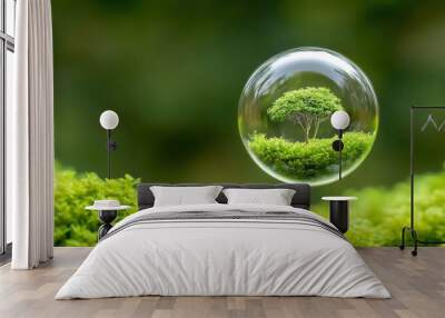 A tree encapsulated in a clear bubble floats above lush green moss, AI Wall mural